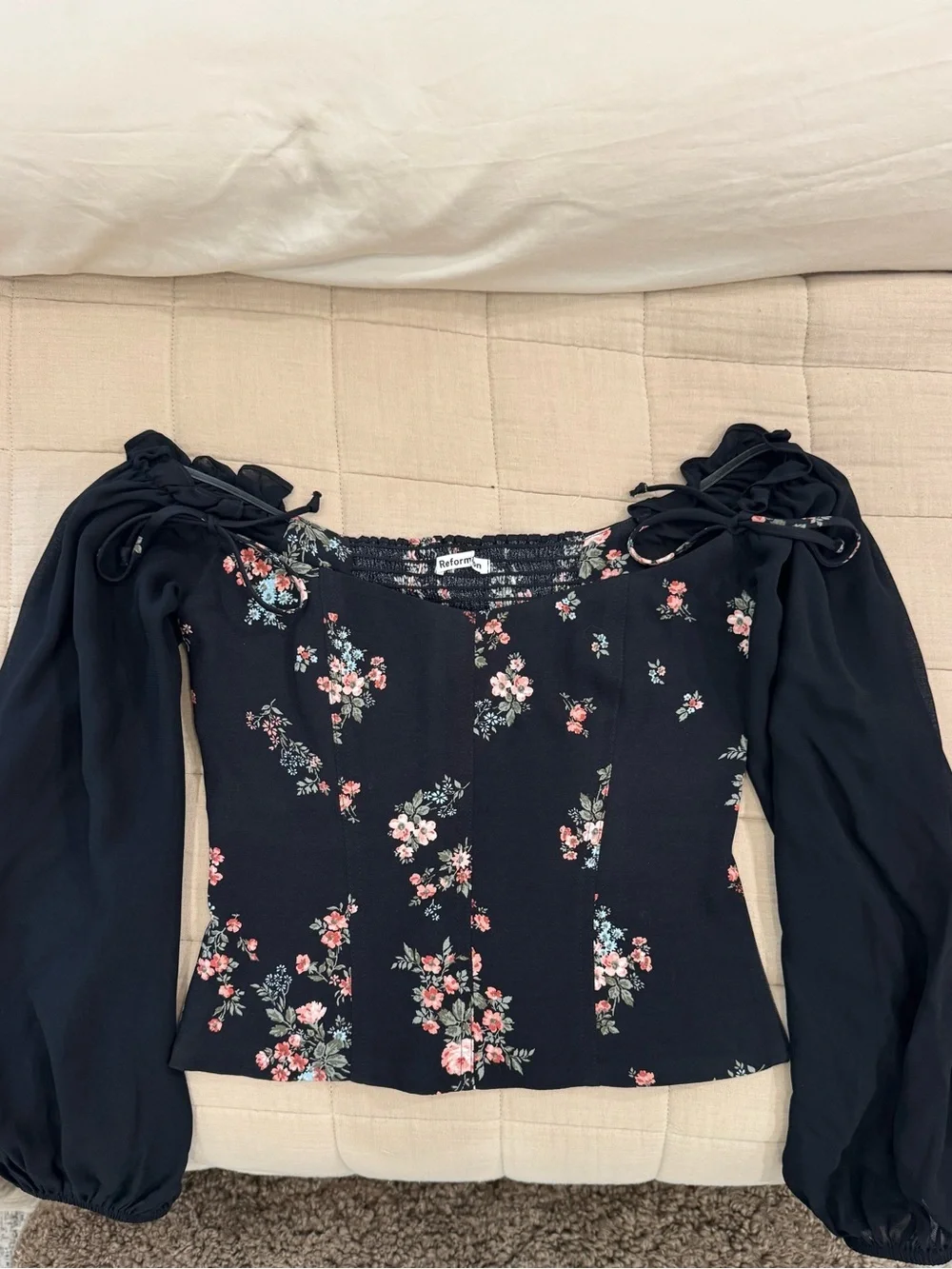 Reformation Floral Off-Shoulder Black Peasant Top